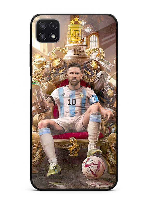 Messi throne artwork printed on tempered glass Samsung A22 5G back cover