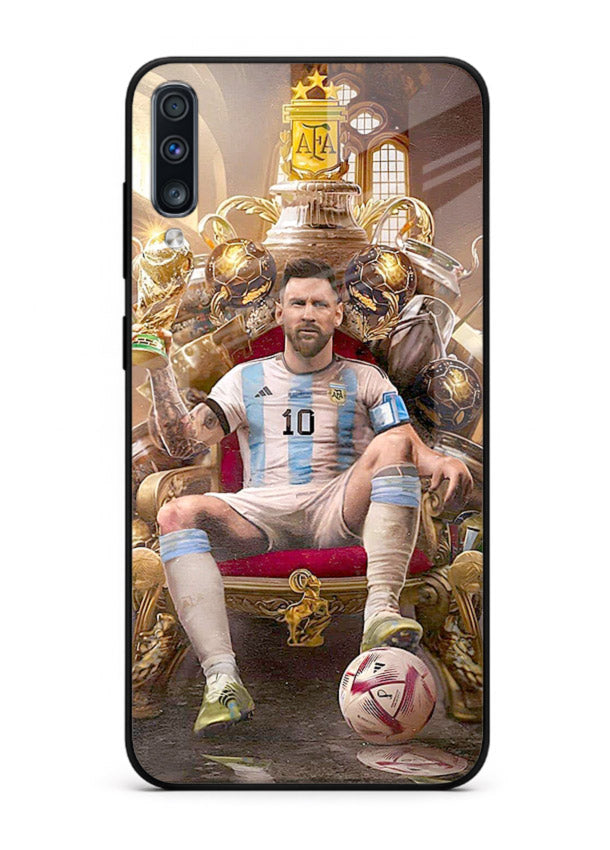 Messi throne artwork printed on tempered glass Samsung A50 back cover