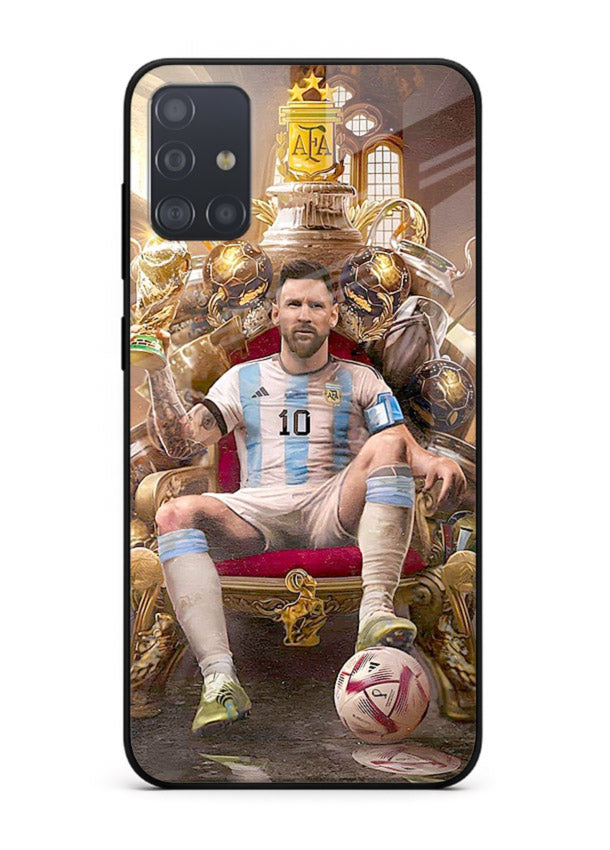 Messi throne artwork printed on tempered glass Samsung A51 back cover