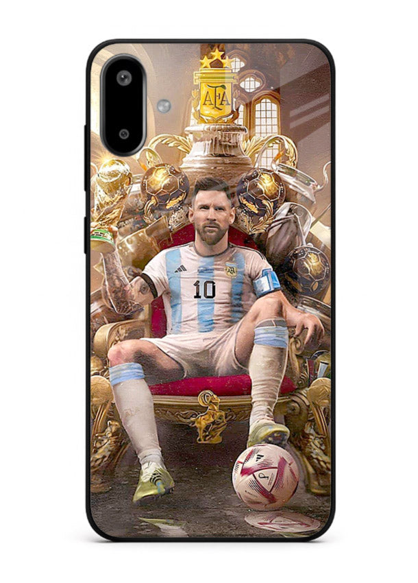 Messi throne artwork printed on tempered glass Samsung F06 5G back cover