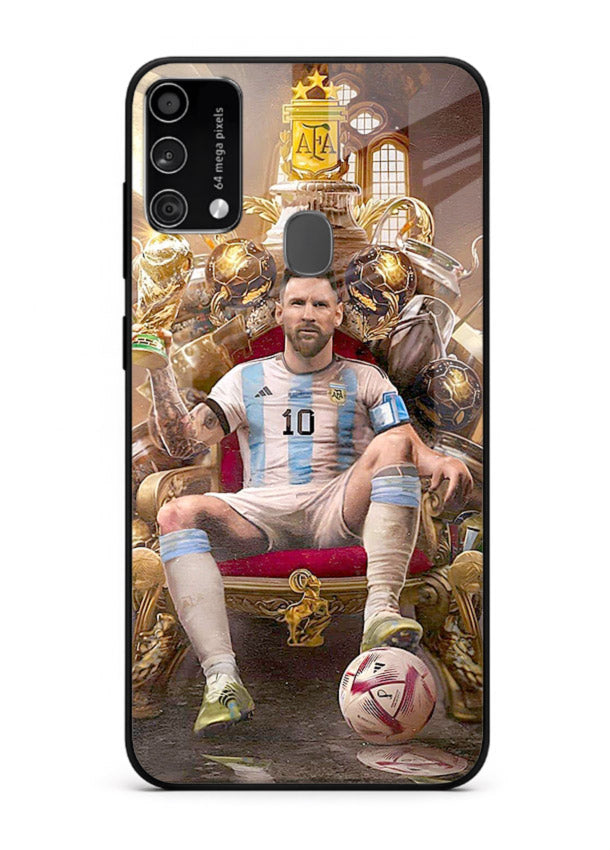 Messi throne artwork printed on tempered glass Samsung F41 back cover