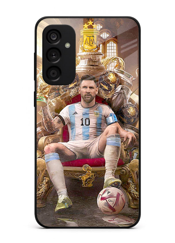 Messi throne artwork printed on tempered glass Samsung A04s 5G back cover