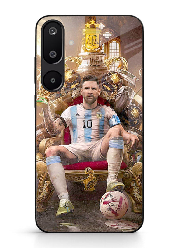Messi throne artwork printed on tempered glass Samsung M16 5G back cover
