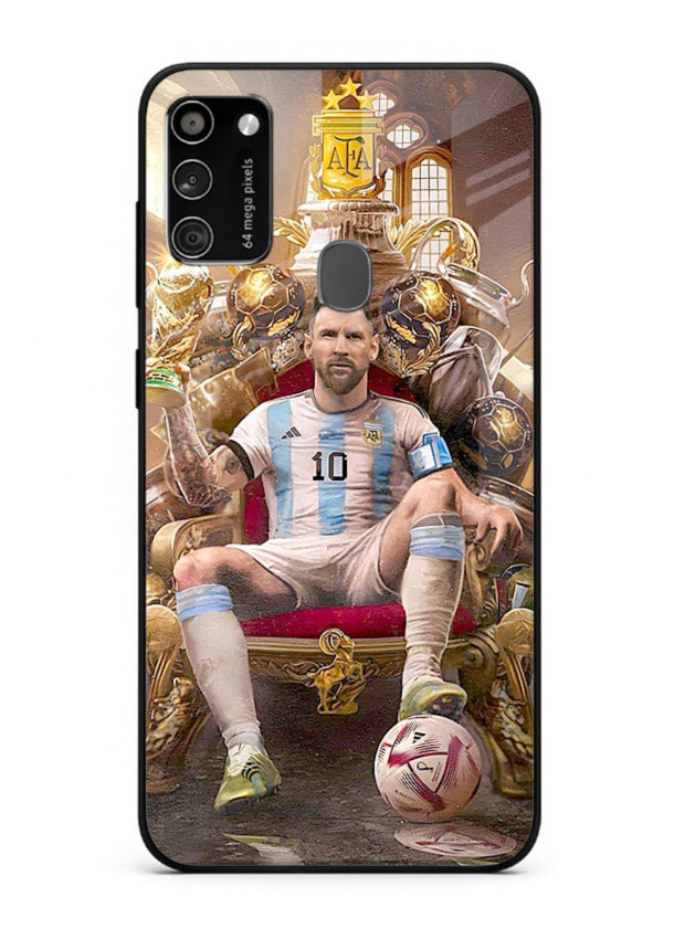 Messi throne artwork printed on tempered glass Samsung M30s back cover