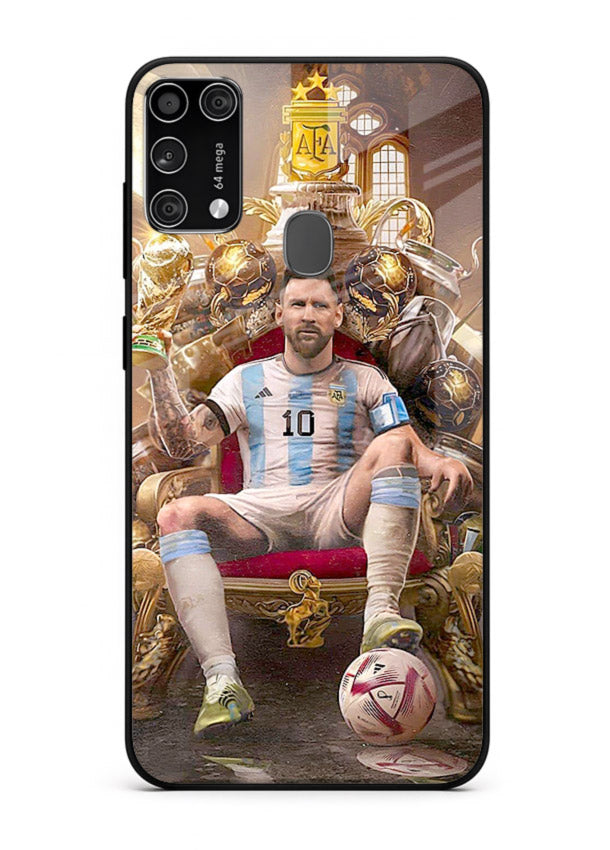 Messi throne artwork printed on tempered glass Samsung M31 Prime back cover