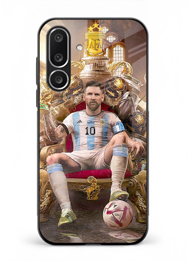 Messi throne artwork printed on tempered glass Samsung F56 5G back cover