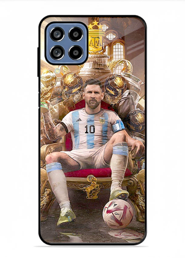 Messi throne artwork printed on tempered glass Samsung F22 4G back cover
