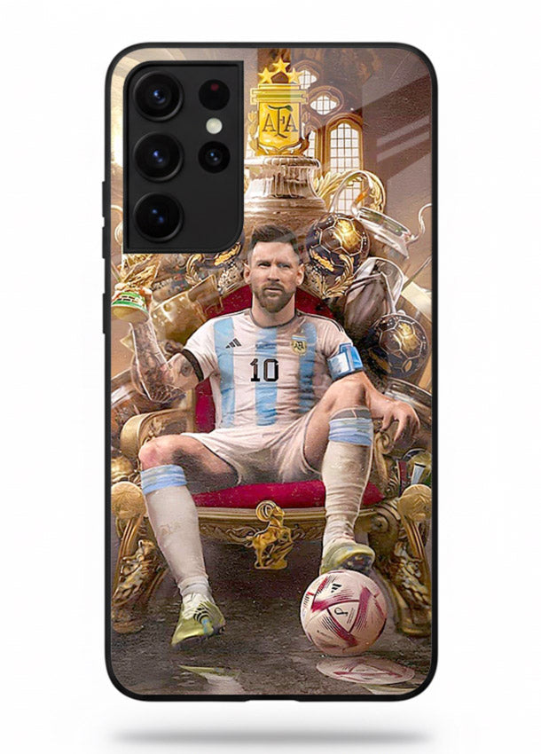 Messi throne artwork printed on tempered glass Samsung S21 Ultra back cover