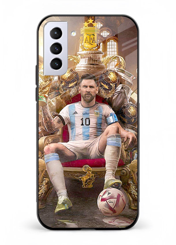 Messi throne artwork printed on tempered glass Samsung S21 FE back cover
