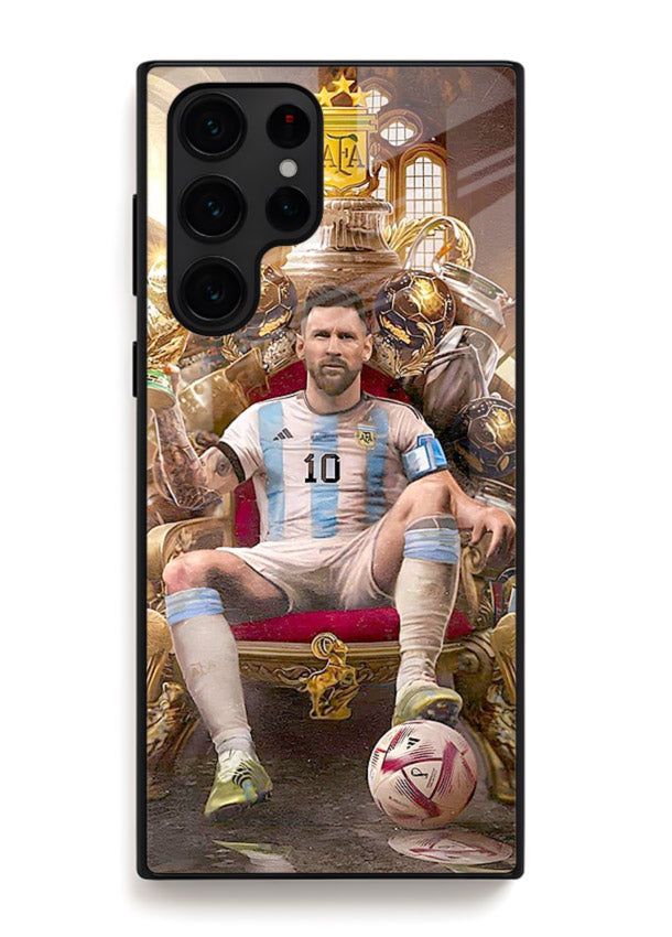 Messi throne artwork printed on tempered glass Samsung S25 Ultra back cover