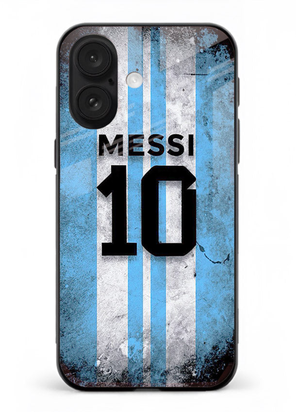 Messi number ten jersey artwork printed on premium tempered glass iPhone 16 Plus back cover