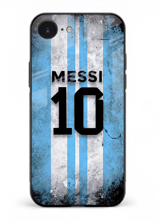 Messi number ten jersey artwork printed on premium tempered glass iPhone 16E back cover