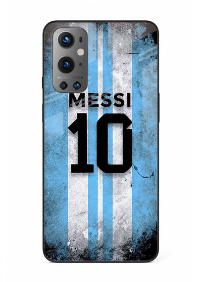Messi number ten jersey artwork printed on premium tempered glass OnePlus 9 back cover
