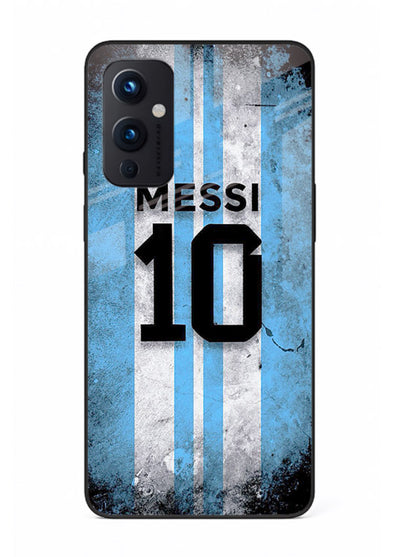 Messi number ten jersey artwork printed on premium tempered glass OnePlus 9 Pro back cover