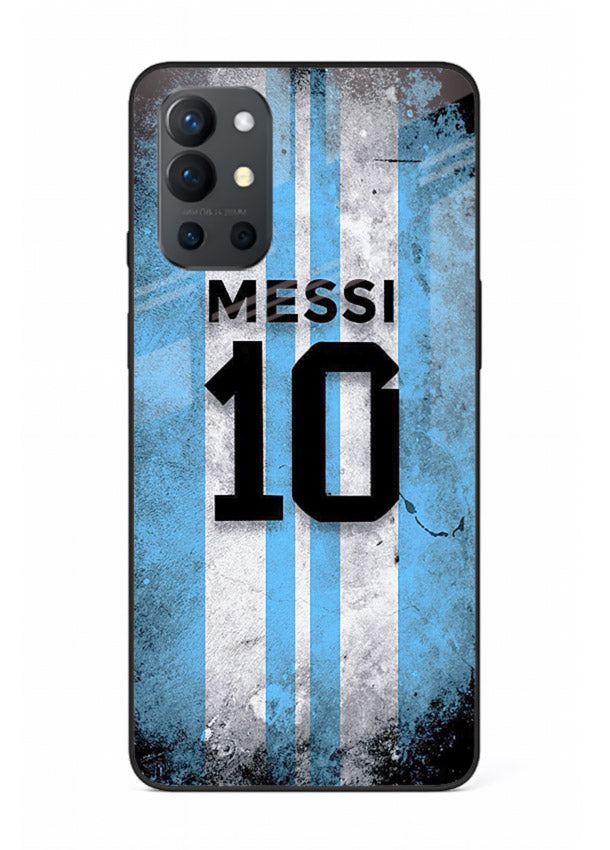 Messi number ten jersey artwork printed on premium tempered glass OnePlus 9R back cover