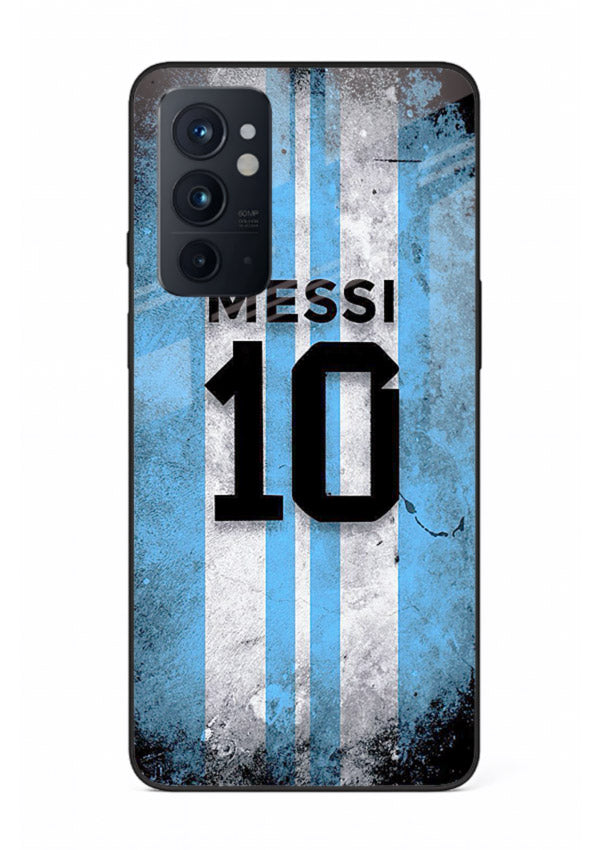 Messi number ten jersey artwork printed on premium tempered glass OnePlus 9RT back cover