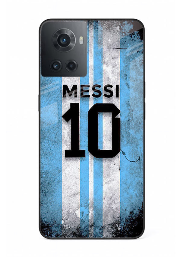 Messi number ten jersey artwork printed on premium tempered glass OnePlus 10R back cover