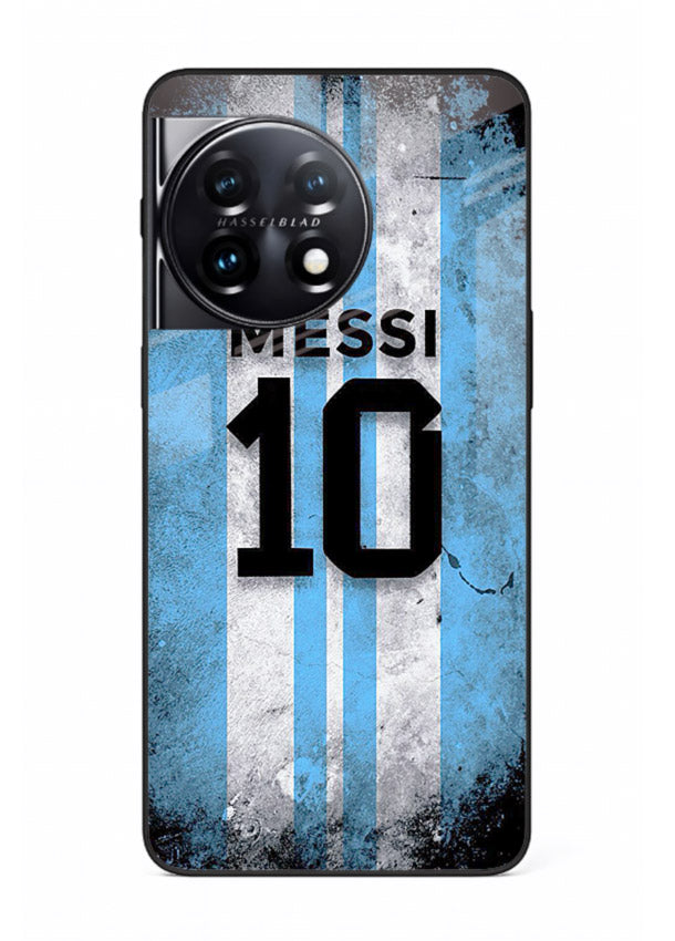 Messi number ten jersey artwork printed on premium tempered glass OnePlus 11 back cover