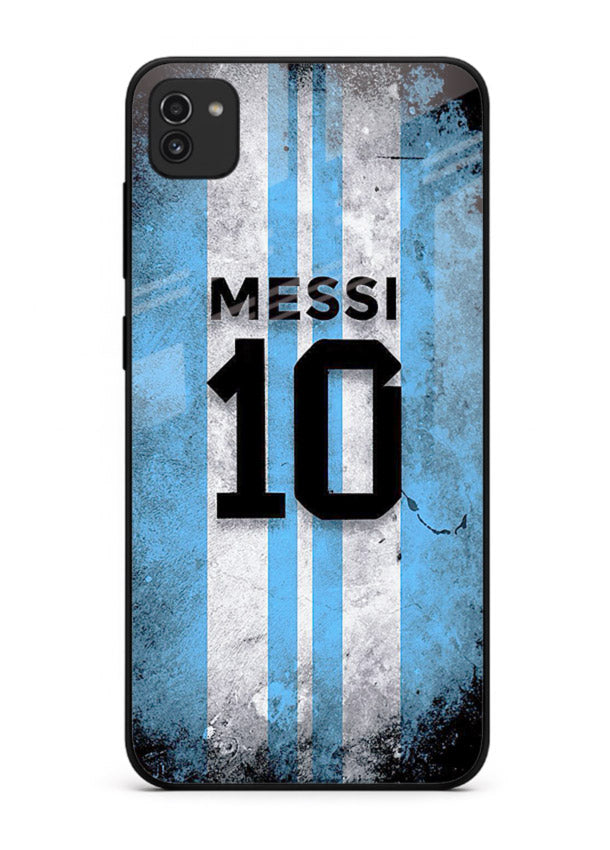 Messi number ten jersey artwork printed on premium tempered glass Samsung A03 back cover