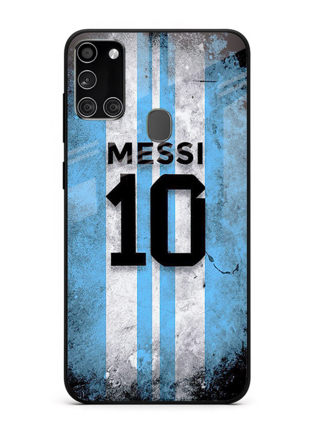 Messi number ten jersey artwork printed on premium tempered glass Samsung A21s back cover