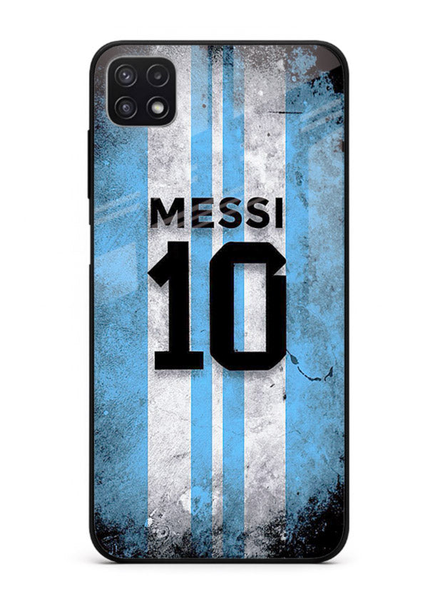 Messi number ten jersey artwork printed on premium tempered glass Samsung A22 5G back cover