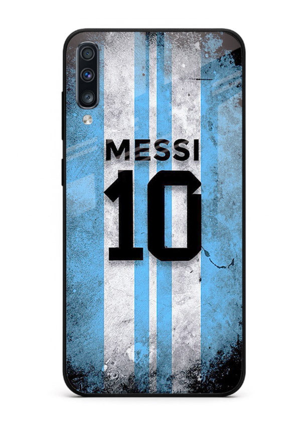 Messi number ten jersey artwork printed on premium tempered glass Samsung A50 back cover