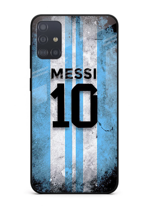Messi number ten jersey artwork printed on premium tempered glass Samsung A71 back cover