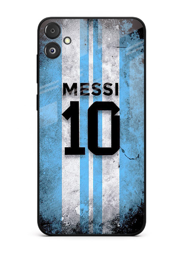 Messi number ten jersey artwork printed on premium tempered glass Samsung F05 5G back cover