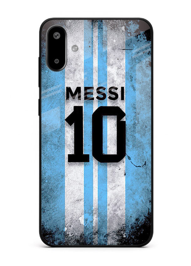 Messi number ten jersey artwork printed on premium tempered glass Samsung F06 5G back cover