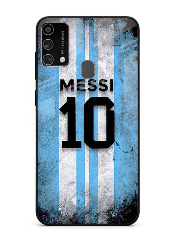 Messi number ten jersey artwork printed on premium tempered glass Samsung F41 back cover
