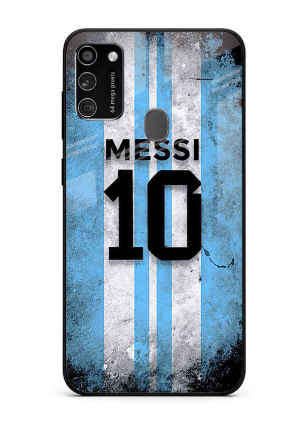 Messi number ten jersey artwork printed on premium tempered glass Samsung M21 back cover