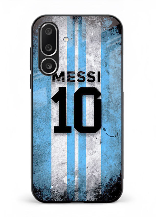 Messi number ten jersey artwork printed on premium tempered glass Samsung F56 5G back cover
