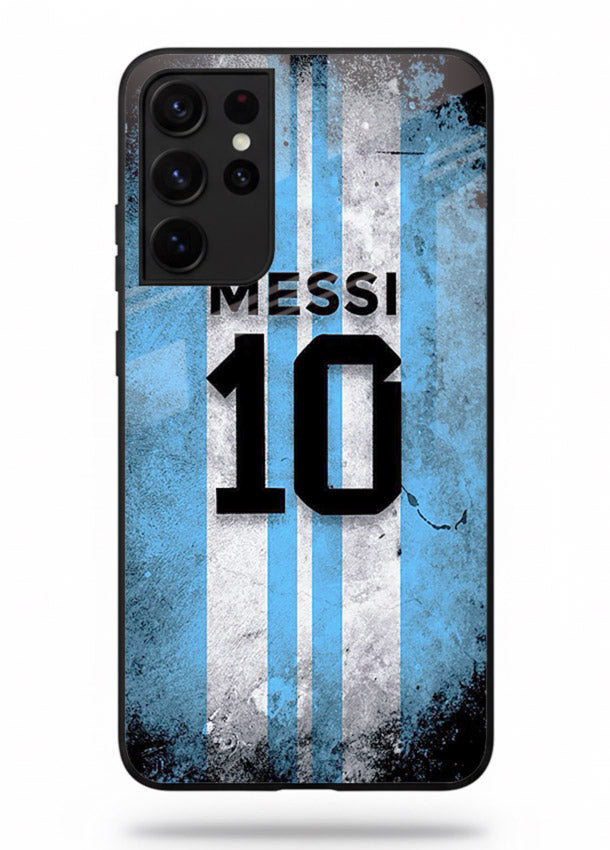 Messi number ten jersey artwork printed on premium tempered glass Samsung S21 Ultra back cover
