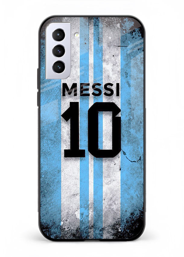 Messi number ten jersey artwork printed on premium tempered glass Samsung S21 Plus back cover