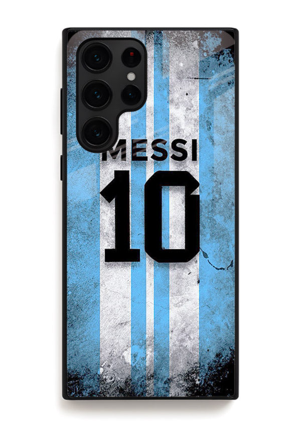 Messi number ten jersey artwork printed on premium tempered glass Samsung S22 Ultra back cover