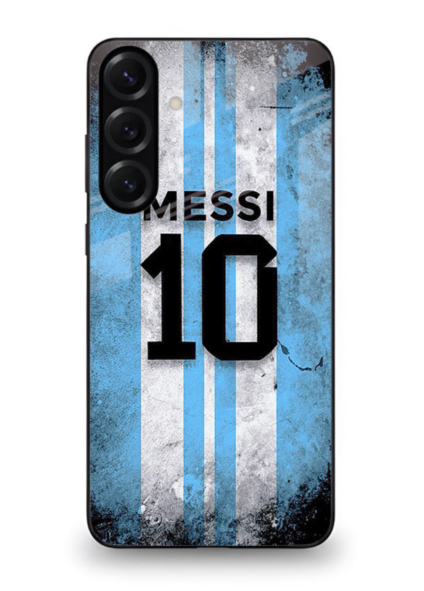 Messi number ten jersey artwork printed on premium tempered glass Samsung S24 FE back cover