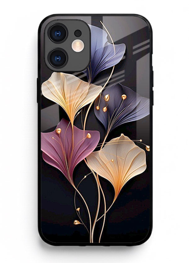 Golden floral artwork on iphone 11 glass back cover with metallic botanical detailing.
