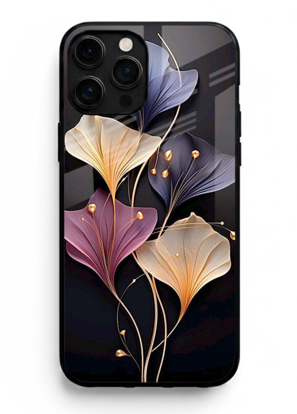 Golden floral artwork on iphone 13 pro max glass back cover with metallic botanical detailing.