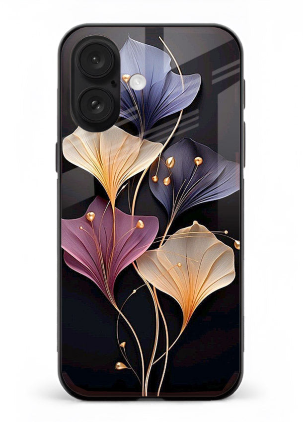 Golden floral artwork on iphone 16 glass back cover with metallic botanical detailing.