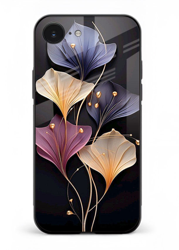 Golden floral artwork on iphone 16e glass back cover with metallic botanical detailing.
