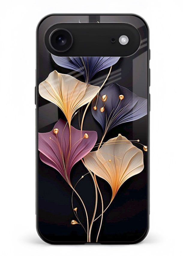 Golden floral artwork on iphone 18 air glass back cover with metallic botanical detailing.
