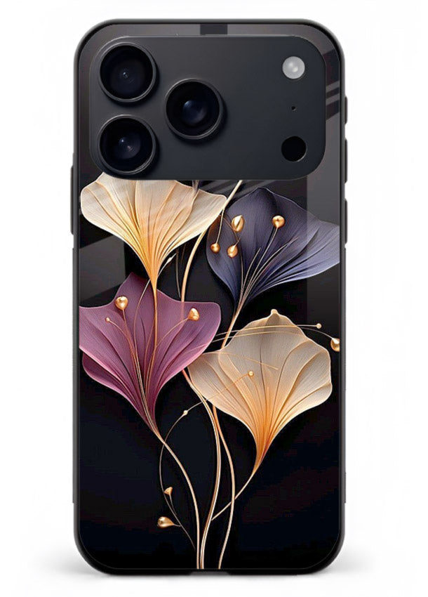 Golden floral artwork on iphone 17 pro max glass back cover with metallic botanical detailing.