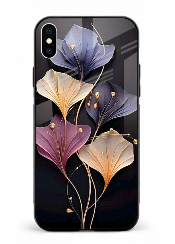Golden floral artwork on iphone xs max glass back cover with metallic botanical detailing.