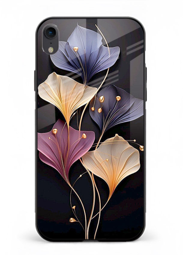 Golden floral artwork on iphone xr glass back cover with metallic botanical detailing.