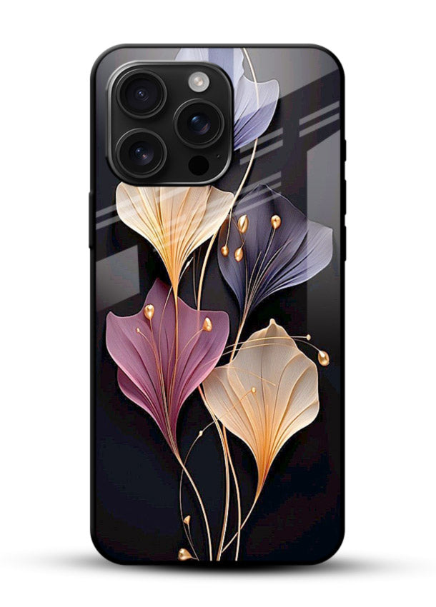 Golden floral artwork on glossy vibrant premium glass back cover with metallic botanical detailing. - Angle Front