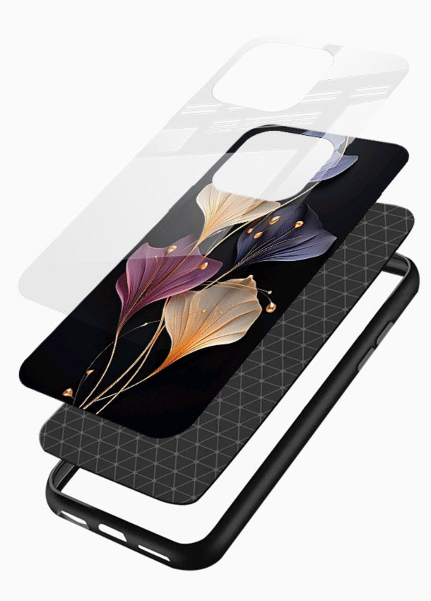Golden floral artwork on glossy vibrant premium glass back cover with metallic botanical detailing. - Angle Layers
