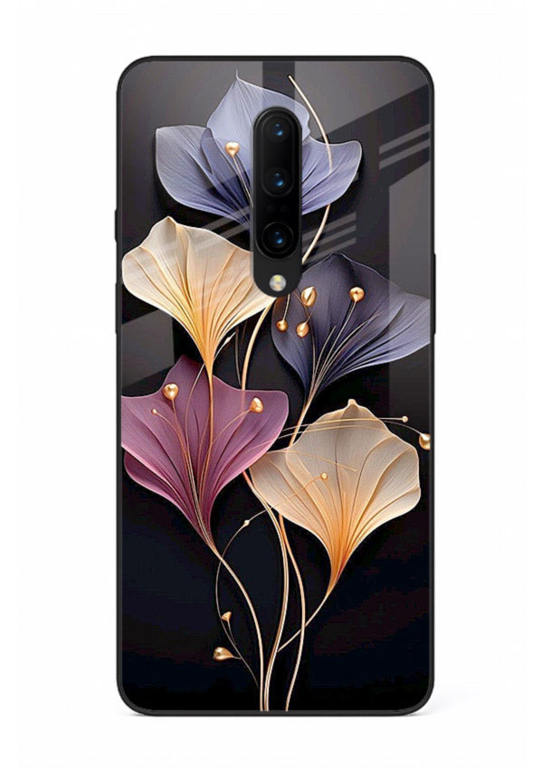 Golden floral artwork on OnePlus 8 glass back cover with metallic botanical detailing.