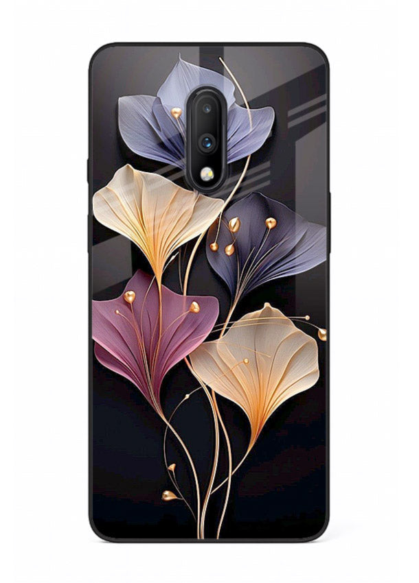 Golden floral artwork on OnePlus 7 glass back cover with metallic botanical detailing.