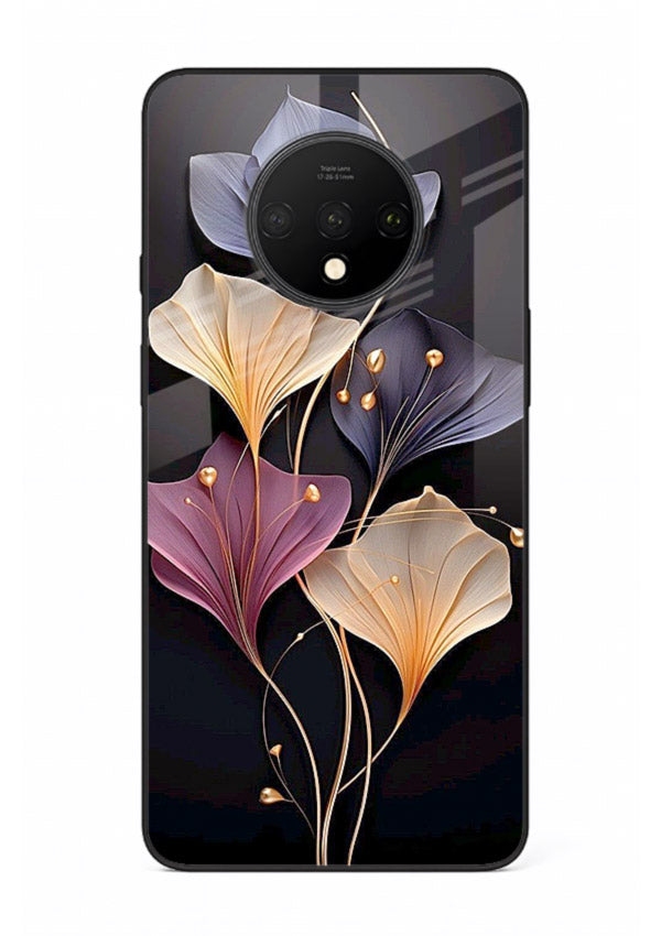 Golden floral artwork on OnePlus 7T glass back cover with metallic botanical detailing.