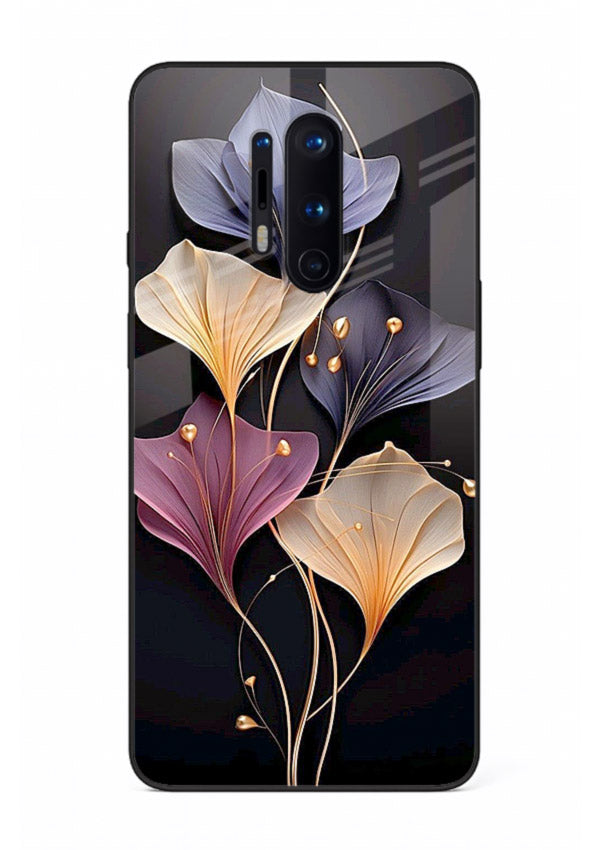 Golden floral artwork on OnePlus 8 Pro glass back cover with metallic botanical detailing.